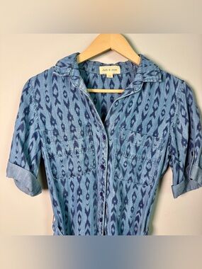 Cloth & Stone Ikat Print Tencel Shirtdress XS Blue Chambray Belted Made in USA